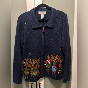 Tiara International Christmas Reindeer with Bells Zip Knit Sweater Y2K Size XL